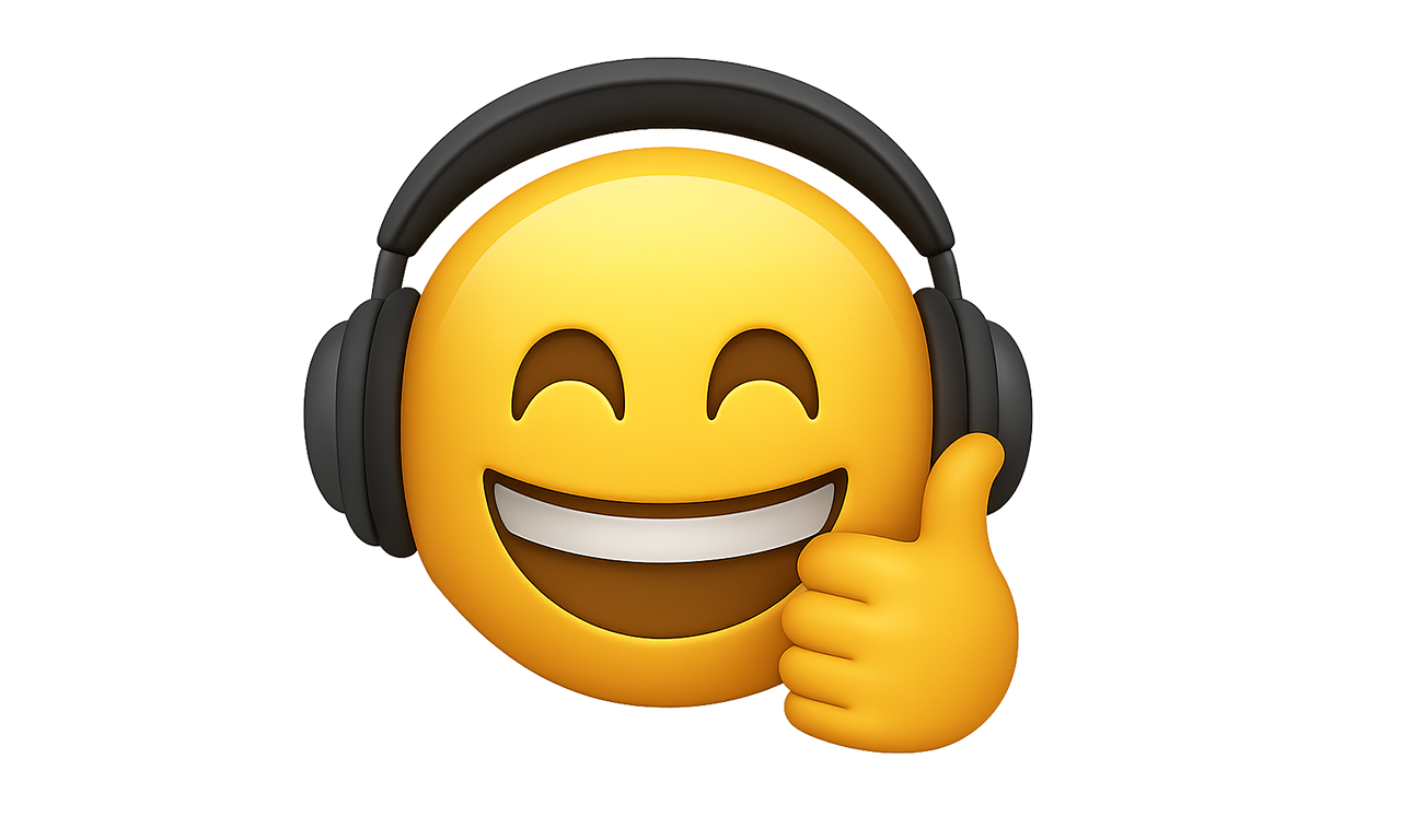 Emoji sorridente con cuffie e pollice alzato